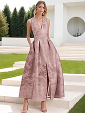 cheap Cocktail Dresses-Floral Brocade Jacquard Cocktail Dresses Elegant Dress Formal Semi Forml Wedding Ankle Length Sleeveless V Neck with Slit
