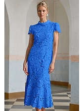 abordables Robes de cocktail-Robe Cocktail Colonne Jaune Bleue Élégante Robe Brodée Mariage Formelle Longueur Cheville Manches Courtes Col Montant Dentelle avec Fente
