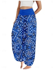 cheap Graphic Cotton Linen Pant-Women&#039;s Linen-Inspired Pants Wide Leg Pants Trousers Ethnic Style Casual Boho Full Length High Waist Floral Graphic Pocket Elastic Waist Printing Breathability Soft Micro-elastic Outdoor Yoga Blue
