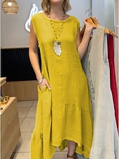 cheap Design Cotton &amp; Linen Dresses-Women&#039;s Midi Dress A Line Dress Summer Dress Casual Daily Holiday Beach Regular Fit Plain Sleeveless Crew Neck Yellow Red Green Summer