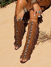 cheap Vacation Sandals-Women&#039;s Brown Boho Fringe Gladiator Heeled Sandals – Western Style Knee-High Lace-Up Boots for Music Festivals, Summer Parties &amp; Retro Fashion