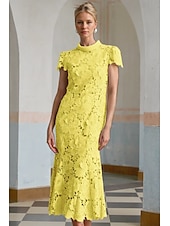 abordables Robes de cocktail-Robe Cocktail Colonne Jaune Bleue Élégante Robe Brodée Mariage Formelle Longueur Cheville Manches Courtes Col Montant Dentelle avec Fente