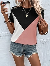 abordables T-shirt rayé et géométrique-Femmes Chemisier Géométrique Occasionnel Chaussures de plage Manche Courte Col ras du cou Hauts Réguliers Quotidien Imprimé Rose Claire Fuchsia Vert Gris Été Printemps
