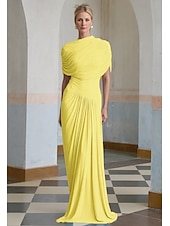 abordables BLEU-Robe de soirée colonne Bébé Robe élégante Robe formelle Invité de mariage Longueur sol Manches courtes Col haut Spandex avec châle drapé