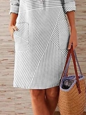 cheap Print Cotton &amp; Linen Dresses-Women&#039;s Mini Dress Summer Dress Casual Daily Regular Fit Graphic Striped Long Sleeve Crew Neck Light Green Sky Blue Gray Summer