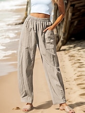 cheap Plain Cotton Linen Pant-Women&#039;s Cotton Linen Pants Baggy Pants Solid Color Vintage Fashion Streetwear Full Length High Waist Plain Pocket Elastic Waistband Comfy Soft Comfortable Micro-elastic Outdoor Vacation Street
