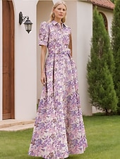 billige blomster-Jacquard Brokade Blomstret A-Linje Kvelds kjole Elegant Kjole Formell Bryllup Gulvlengde Kort Erme Skjortekrage Nylon med Splitt Lomme Bryllupsgjest Kjole