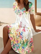 abordables Robes de vacances-Femmes Robe Midi Robe Décontractée Robe de patinage Robe d&#039;été Mode Moderne Quotidien Plage Week-end Coupe régulière Fleuri Manche Courte Col en V Noir Blanche Bleu Violet Été