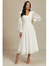 economico Abiti bianchi-Abiti da sposa Linea ad A Scollo a V Manica Lunga Lunghezza alla caviglia Chiffon Abiti da sposa Con Tinta unita 2025