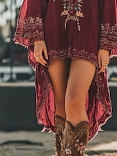 ieftine Rochii Boho-Pentru femei Rochii Midi Rochie Boho Epocă Clasic Vacanță Zilnic Concediu Fit regulat Floare Manșon Lung În V Roșu-aprins Vară