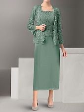 economico Sotto 129,99 $-Set di Abiti Madre della Sposa Abito da Ospite Matrimonio Elegante Semplice Collo Ampio Lunghezza Totale Poliestere Manica Lunga con Colore Solido