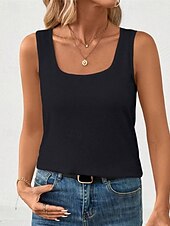 cheap White tee-Women&#039;s Tank Top Tee Top Plain Fashion Modern Sleeveless Square Neck Regular Tops Daily Beach Wear Black White Gray Summer