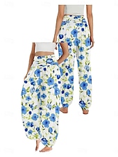 billiga Grafisk linnebyxa i bomull-Dam Linneinspirerade byxor Brett skaft Byxor Etnisk Stil Ledigt Boho Fullängd Hög midja Blommig Ficka Elastisk midja Tryck Mateial som andas Mjuk Microelastisk Utomhus Yoga Vit Ljusgrön Rosa Marinblå