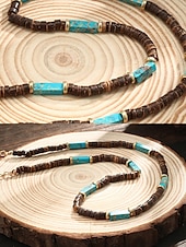 abordables Bijoux pour hommes-Collier de perles en bois naturel pour homme avec des accents turquoise, style surfeur bohème, bijoux réglables pour la plage, les festivals et les tenues décontractées