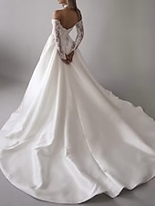 abordables Vestidos de novia-Vestidos de Boda Bustier Caída Vestido de Gala Sin Mangas Con Mangas Desmontables Falda Capilla Satinado Novias Con Aplicación de Encaje Floral