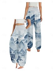 billiga Grafisk linnebyxa i bomull-Dam Linneinspirerade byxor Brett skaft Byxor Etnisk Stil Ledigt Boho Fullängd Hög midja Blommig Ficka Elastisk midja Tryck Mateial som andas Mjuk Microelastisk Utomhus Yoga Flodblå Blå Grön Beige