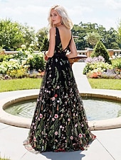 levne Plesové šaty-A-line quinceanera šaty elegantní šaty svatební šaty pro svatební hosty dlouhé šaty bez rukávů výstřih do V polyester bez zad s květinovým potiskem kde jsou sklady