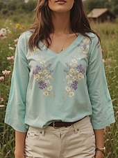 tanie Damskie topy boho-Damskie Bluzka Kwiaty Graficzny Elegancki Codzienny Rękaw 3/4 W serek Zwykłe topy Codzienny Biały Zielony Lato Wiosna