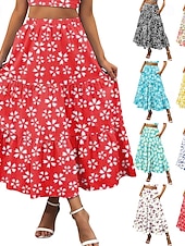 economico Gonne grafiche-Per donna Gonna Svasato Casual Maxi Vita media Gonne Floreale Stampato Micro-elastico Vacanza Uscire Rosso Viola Blu scuro Azzurro Estate Misto Cotone