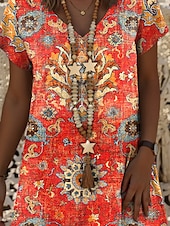 preiswerte Boho Kleid-Damen Minikleid A Linie Kleid Sommerkleid Lässig Täglich Normale Passform Blumen Grafik Stammes Kurzarm V Ausschnitt Orange Sommer Frühling