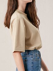 abordables Chemises-Femmes Chemise en lin Chemisier Uni Occasionnel Manche Courte Col ras du cou Hauts Réguliers Quotidien Fête Sortir Noir Jaune Rose Claire Abricot Été