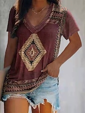 abordables T-shirt Boho-Femmes T-shirt Graphique Géométrique Bohème ancien Western Manche Courte Col en V Hauts Réguliers Quotidien Week-end Blanche Jaune Fuchsia Vert Été
