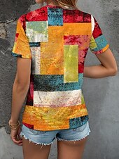 abordables T-shirt rayé et géométrique-Femmes T-shirt Graphique Géométrique ancien Élégant Classique Manche Courte Col en V Hauts Réguliers Quotidien Imprimé Jaune Rouge Bleu Été Printemps