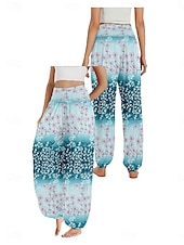 billiga Byxor-Dam Linneinspirerade byxor Brett skaft Byxor Etnisk Stil Ledigt Boho Fullängd Hög midja Blommig Ficka Elastisk midja Tryck Mateial som andas Mjuk Microelastisk Utomhus Yoga Rosa Kungsblå Blå Purpur