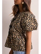 cheap Women&#039;s Graphic Tops-Women&#039;s Blouse Leopard Active Modern Short Sleeve Crew Neck Regular Tops Daily Going out Ruched Brown Summer