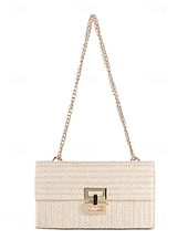 preiswerte Umhängetaschen-Damen-Umhängetasche aus gewebtem Stroh mit goldenem Kettenriemen – elegante Sommer-Clutch für Strand-, Urlaubs- und Resort-Outfits