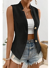 billige Enkel tank topp-Dame linskjorte Bluse Bomull lin vest عادي Fritid Ermeløs V-hals Vanlige topper Daglig Ut på byen Knapper Svart Hvit Champagne Sommer