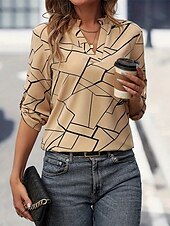 levne grafický obchod tričko-Dámské Tričko Tričko Top Geometrický Módní Moderní Krátký rukáv Do V Běžné topy Denní Jdeme ven Víkend Tisk Khaki Léto Jaro