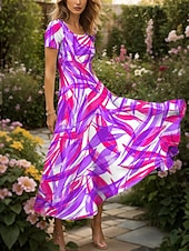 abordables Robes Rayés et Géométriques-Femmes Robe maxi Robe Décontractée Robe trapèze Robe d&#039;été Vacances ancien Ethnique Coupe régulière Graphique Feuille Géométrique Manche Courte Col carré Jaune Rouge Bleu Violet Été Printemps