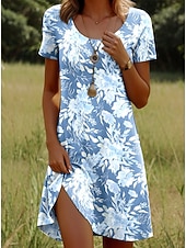 economico Abiti Boho-Per donna Mini Abito Vestito Estivo Vestito Casual Vestito T-Shirt Abito a trapezio Elegante Casual Spiaggia Vestibilità regolare Floreale Grafico Foglia Manica Corta Girocollo Scollo Tondo Blu Blu