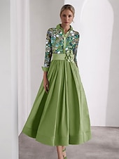 economico Abiti da cocktail-Abiti da cocktail a trapezio ricamati verdi, eleganti, formali, da sposa, lunghi fino al pavimento, a maniche lunghe, con colletto in raso e glitter, 2025
