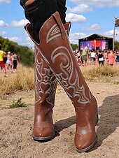 ieftine Cizme Cowboy &amp; Western-cizme de cowboy occidentale de damă cu design brodat – cizme elegante maro cu toc bloc pentru festivaluri de muzică, îmbrăcăminte casual și evenimente în aer liber