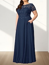 voordelige Vloerlengte-A-lijn Plus Size Curve Moeder van de Bruid Jurk Bruiloft Gast Elegant Crew Neck Vloerlengte Chiffon Kant Korte Mouw met Tailleband  Lint Beading Applicaties