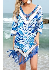 abordables Robes de plage-Femmes Maillots de Bain Vêtement couvrant Maillot de bain Ourlet à franges Tropical Tenues de plage Fleur Fil en V manche longue Maillots de bain
