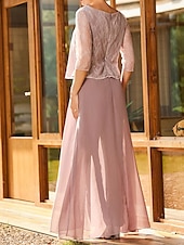 cheap Mom&#039;s Pant Suits-Two Piece Jumpsuit / Pantsuit Mother of the Bride Dress Elegant Simple Minimalist Crew Neck Floor Length Chiffon Half Sleeve with Lace