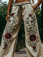 billige Grafisk linbukse i bomull-Dame Bukser Fritid Bohem Full lengde Naturlig Blomsternål i krystall Lomme Elastisk midje Printer comfy Utendørs Bekvem Dagligdagstøy Ut på byen Beige Sommer Normal