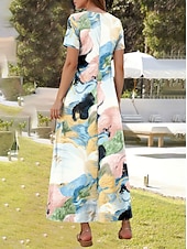 levne Umění a design šaty-dámské maxi šaty ležérní šaty linkové šaty letní šaty elegantní dovolená ležérní regular fit grafika mramor krátký rukáv čtvercový výstřih zelené léto