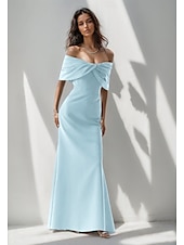 abordables BLEU-Robe de soirée sirène rose bleue élégante Robe formelle longueur de sol sans manches épaules dénudées crépon extensible avec nœud(s) ruché