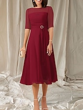 abordables Longueur du thé-Robe Mère de la Mariée A-Line Invité de Mariage Élégante Col Ras du Cou Longueur Thé Chiffon Manches Mi-longues avec Sash  Ruban Robe Midi Froncée