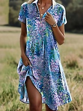 levne Květinové šaty-Dámské Mini šaty Volnočasové šaty Letní šaty Boho šaty Africký vzor Dovolená Denní Víkend Běžný Květinový Krátký rukáv Košilový límec aqua modrá Rubínově červená Vodní modrá Hnědá Léto