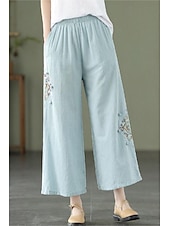 economico Pantaloni in lino e cotone semplici-Per donna Pantaloni in cotone e lino Moda Streetwear Lunghezza intera Naturale Floreale Ricamato Tasca Elastico in vita Comodo All&#039;aperto Confortevole All&#039;aperto Vacanza Ferie Aalbicocca Blu cielo