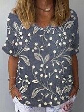 tanie Kwiatowe topy-Damskie Koszula Kwiaty Graficzny Rośliny Elegancki Klasyczny Codzienny Krótki rękaw Półgolf Zwykłe topy Codzienny Stroje plażowe Ubrania wakacyjne Nadruk Żółty Niebieski Błękit nieba Ecru Khaki Lato