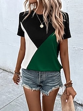 abordables T-shirt rayé et géométrique-Femmes Chemisier Géométrique Occasionnel Chaussures de plage Manche Courte Col ras du cou Hauts Réguliers Quotidien Imprimé Rose Claire Fuchsia Vert Gris Été Printemps