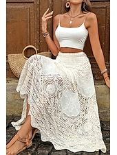 ieftine fuste-fuste de in din bumbac pentru femei fuste maxi casual boemia cu talie medie din dantelă uni micro-elastic vacanță stradă migdale vară amestec de bumbac in