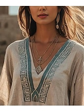 levne Dámské boho topy-Dámské Halenka Květinový Grafika Geometrický Čechy Vinobraní Tropický vzhled Dlouhý rukáv 3/4 délka rukávu Do V Běžné topy Nabírané šaty Výšivka Tisk Béžová Léto Jaro