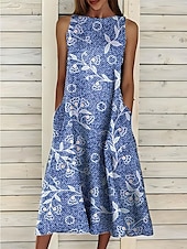 preiswerte Kunst &amp; Design Kleid-Damen Midikleid Sommerkleid A Linie Kleid Urlaub Lässig Cocktail Täglich Ferien Sommerkleid Normale Passform Grafik Geometrisch Ärmellos Rundhalsausschnitt Marineblau Königliches Blau Blau Himmelblau